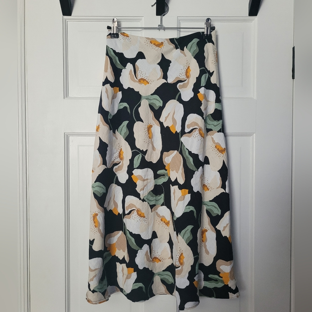 Ann Taylor Factory Floral Linen Midi Skirt Size 12